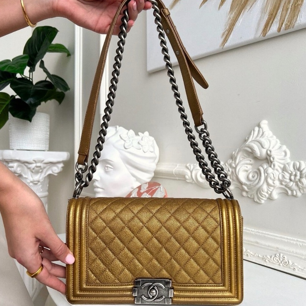 Chanel Medium Boy Metallic Dark Gold Glitter Quilted Women's Bag